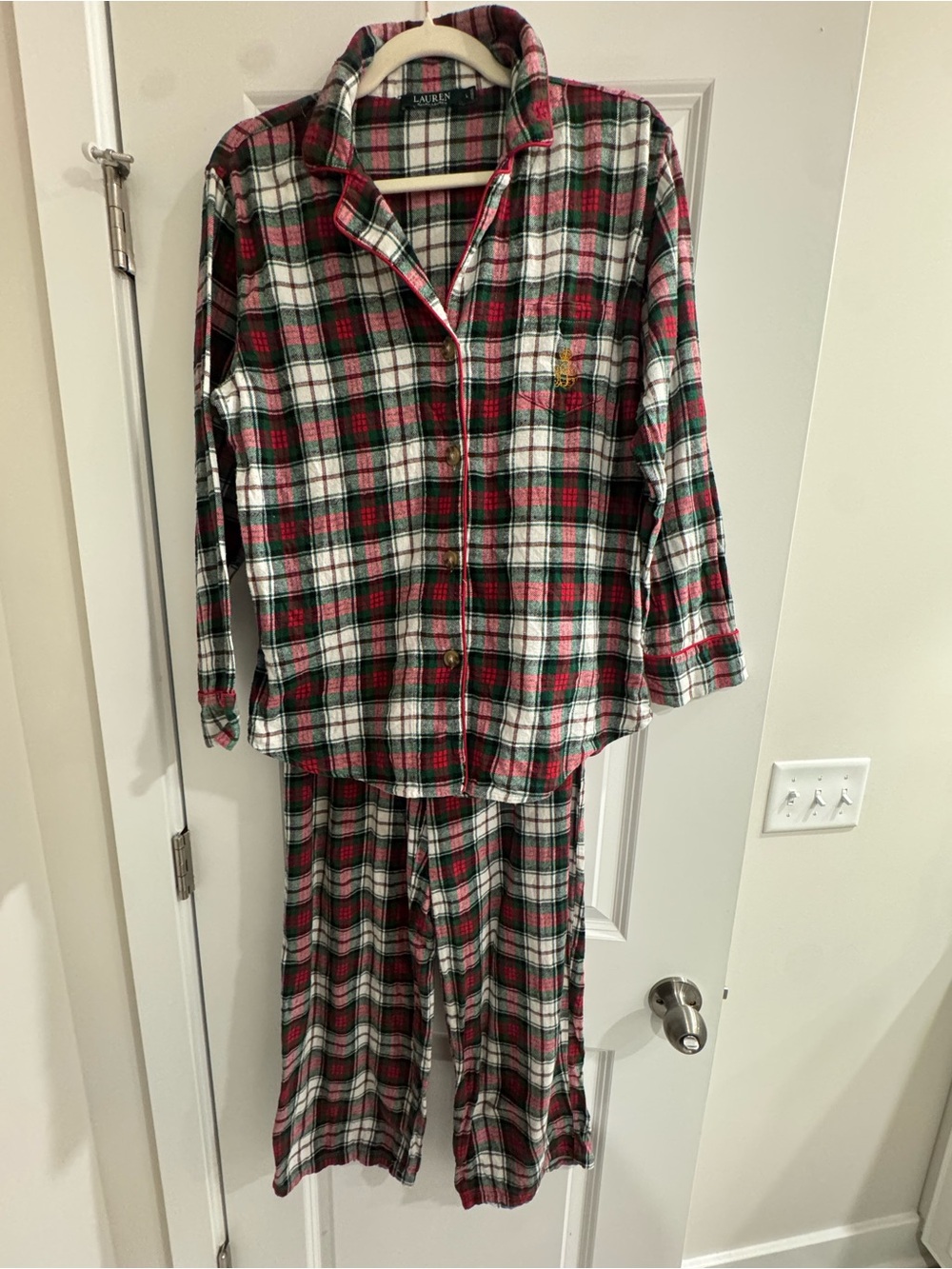Lauren Ralph Lauren Christmas Plaid 100% Cotton Flannel Pajama Set L Holiday